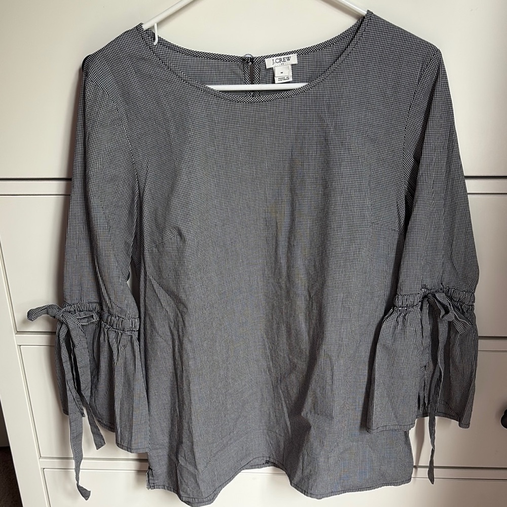J. Crew Black and White Blouse with Tie Sleeves